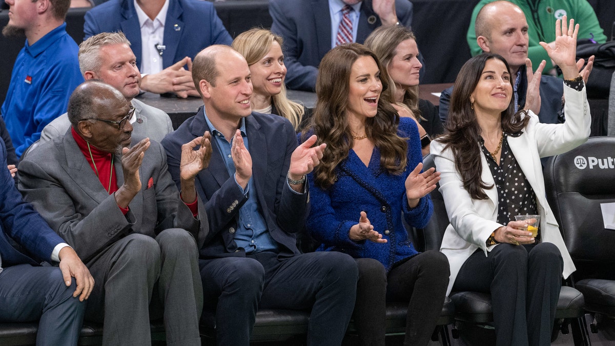 From left to right Thomas "Satch" Sanders, Prince William, Kate Middleton, and Emilia Fazzalari courtside at the Celtics game against the Miami Heat