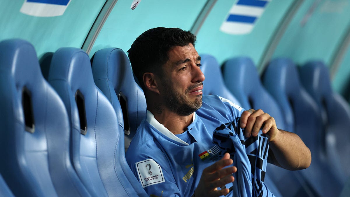 Luis Suarez on the bench following Uruguay's loss to Ghana