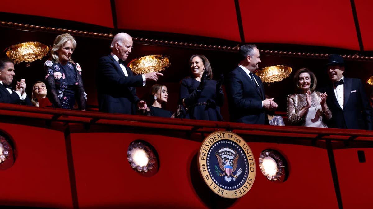 From left to right, first lady Jill Biden, President Biden, Vice President Kamala Harris, Douglas Emhoff, Nancy Pelosi and Paul Pelosi attend the 45th Kennedy Center Honors ceremony at The Kennedy Center on Dec. 4, 2022 in Washington, D.C.