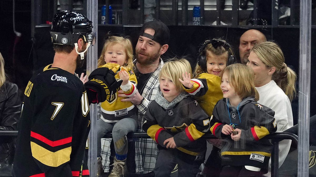 Alex Pietrangelo greets his family before a game