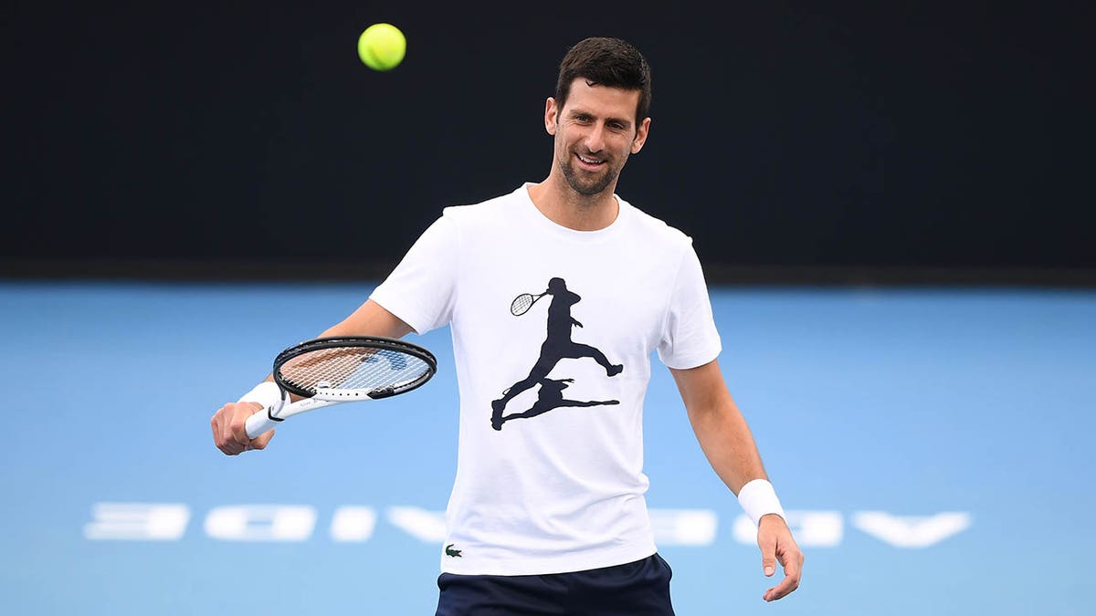 Novak Djokovic warms up ahead a tournament in Australia