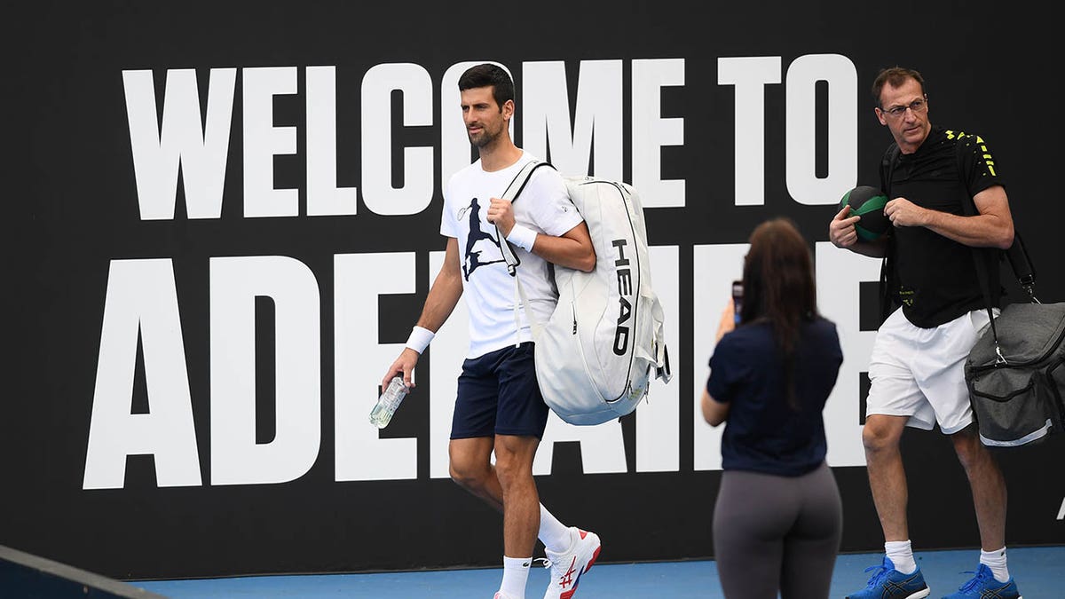 Novak Djokovic warms up ahead a tournament in Australia