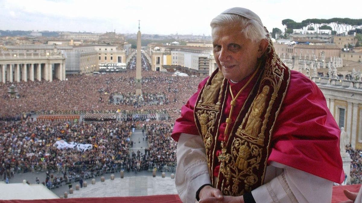 Pope Benedict XVI, Cardinal Joseph Ratzinger of Germany, appears on the balcony of St Peter's Basilica in the Vatican after being elected by the conclave of cardinals on April 19, 2005.  