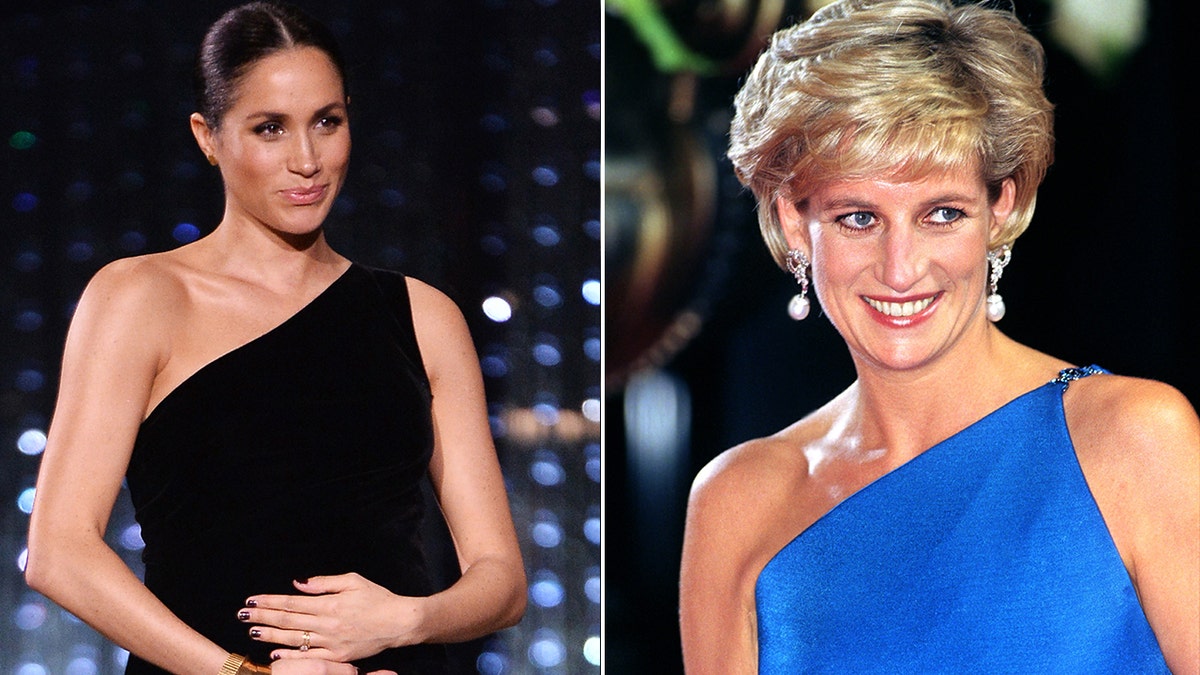 Meghan Markle and Princess Diana wearing glamorous gowns