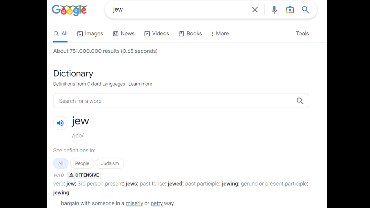 Google search engine Jew result offensive