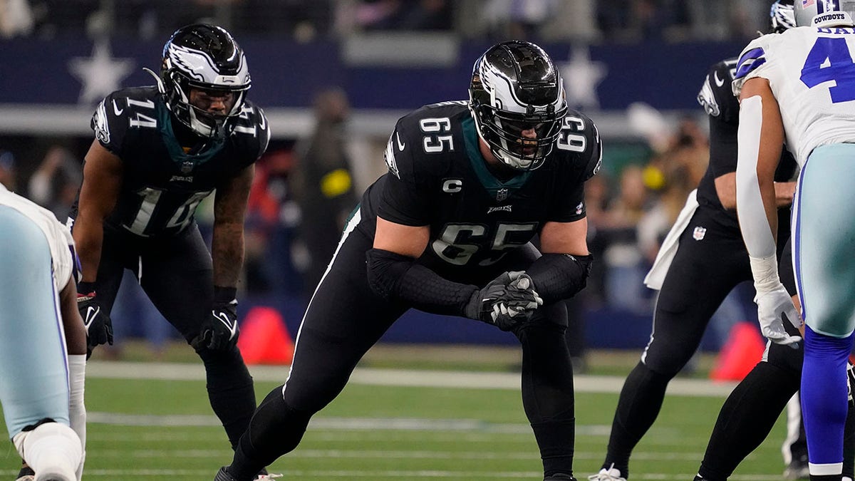 Eagles player Lane Johnson on the field during a game against the Cowboys