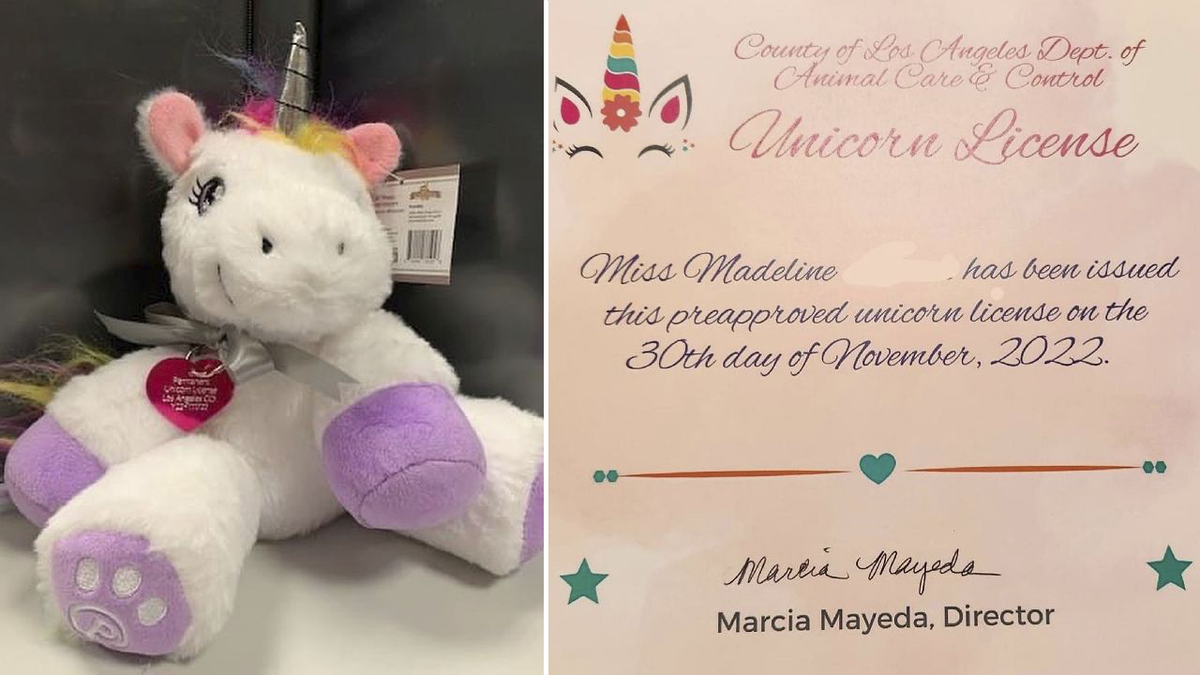 Unicorn plush doll with license tag attached next to a pre-approved unicorn license certificate from the Los Angeles County Animal Care and Control