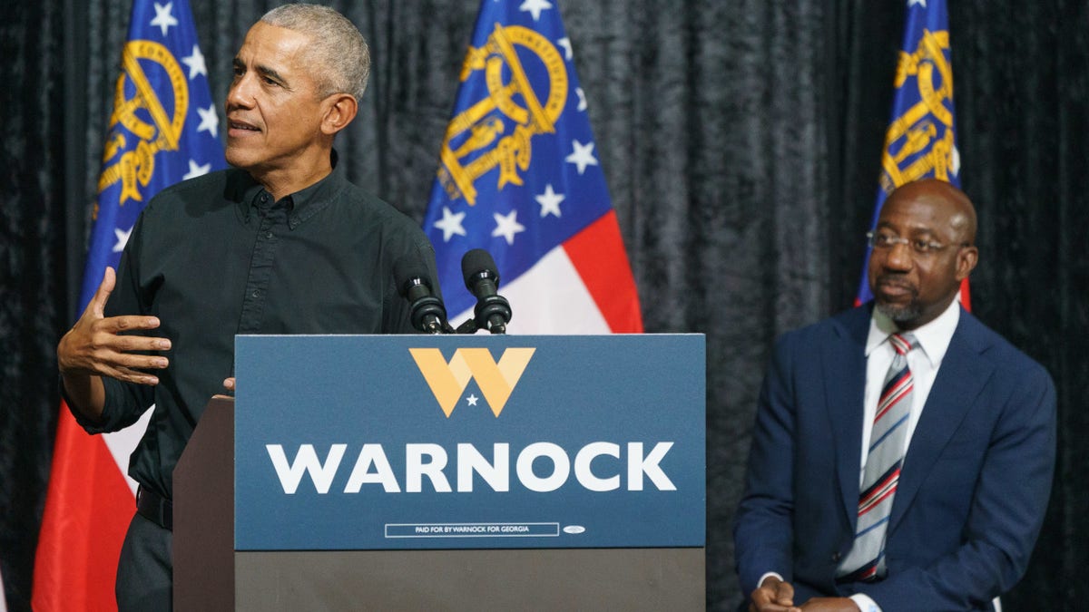 Former President Barack Obama campaigns for Senator Raphael Warock