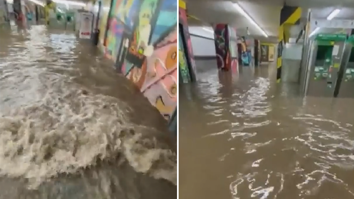 Portugal flooding in underground train station