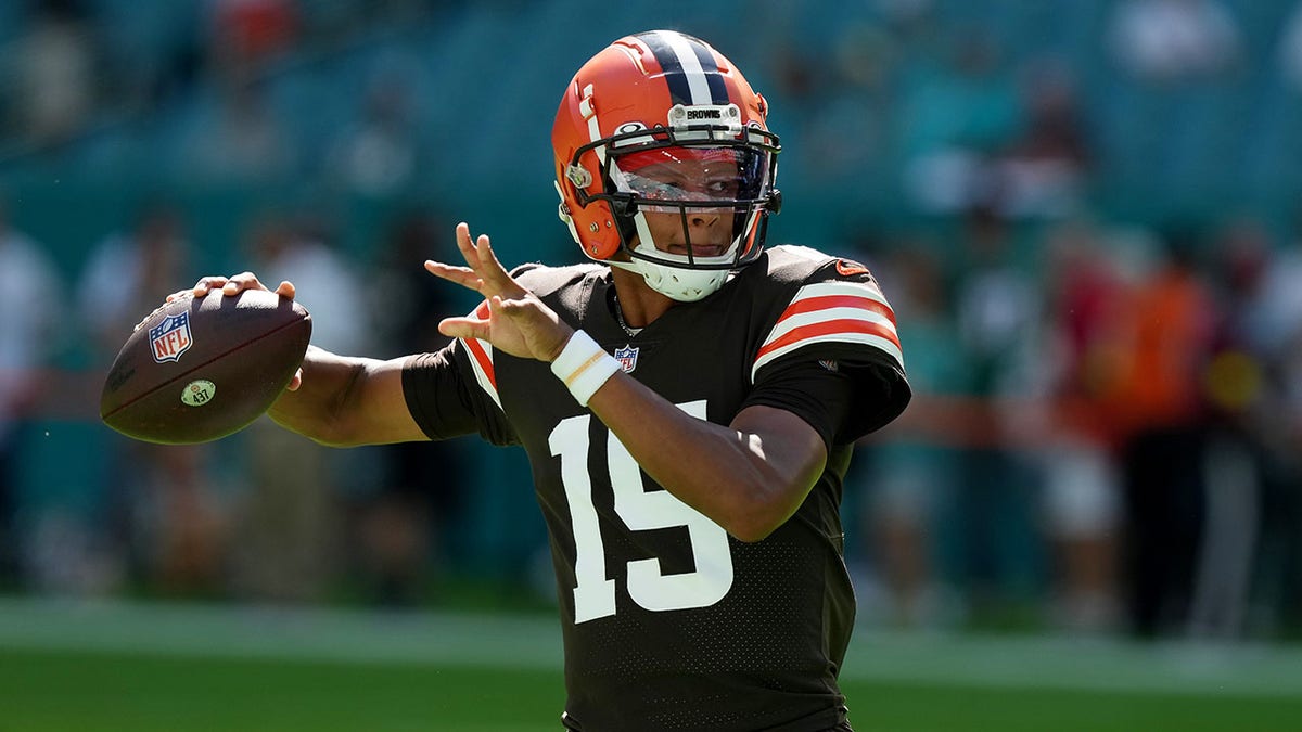 Josh Dobbs on the field before a game against the Miami Dolphins