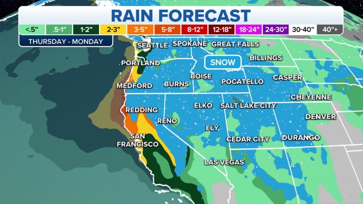 A map of rain forecast in the western U.S.