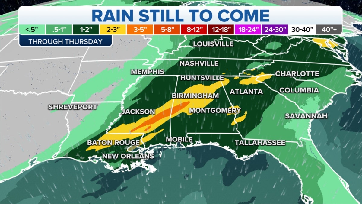A map of rain forecast in the Southeast