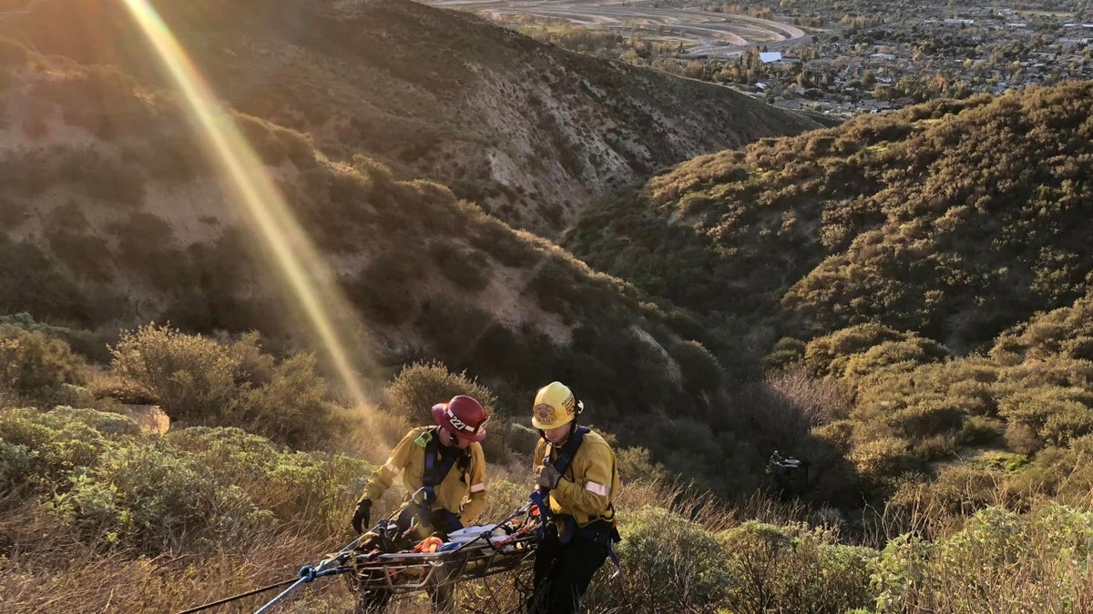 Firefighters making a rescue on a mountainside.