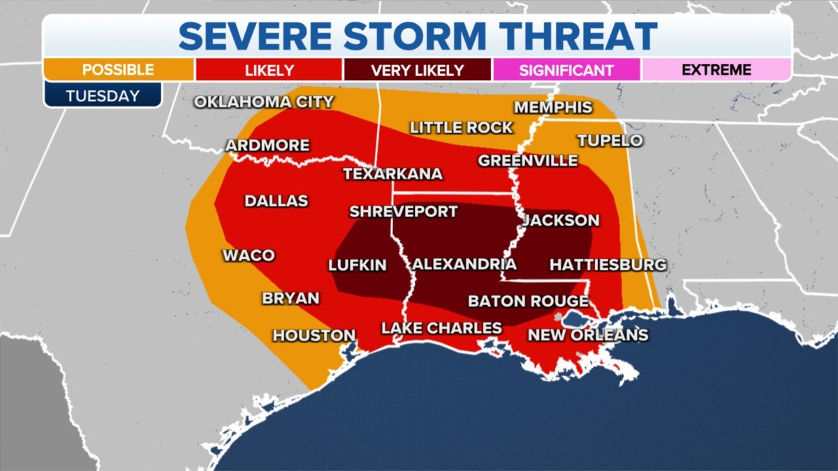 A map of Gulf Coast severe storm threats