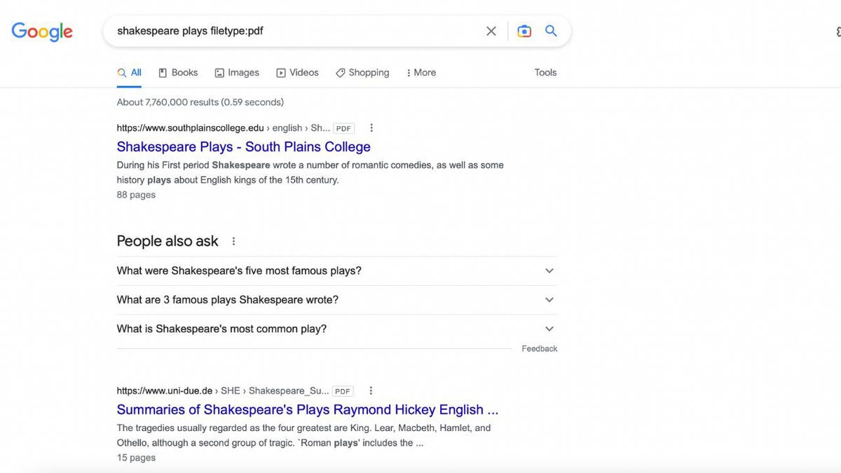 Shakespeare Google search.
