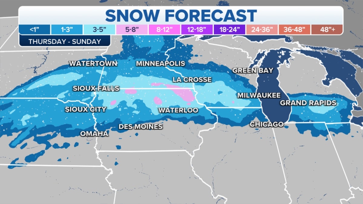 A map of snow forecast in the northern Plains, Midwest