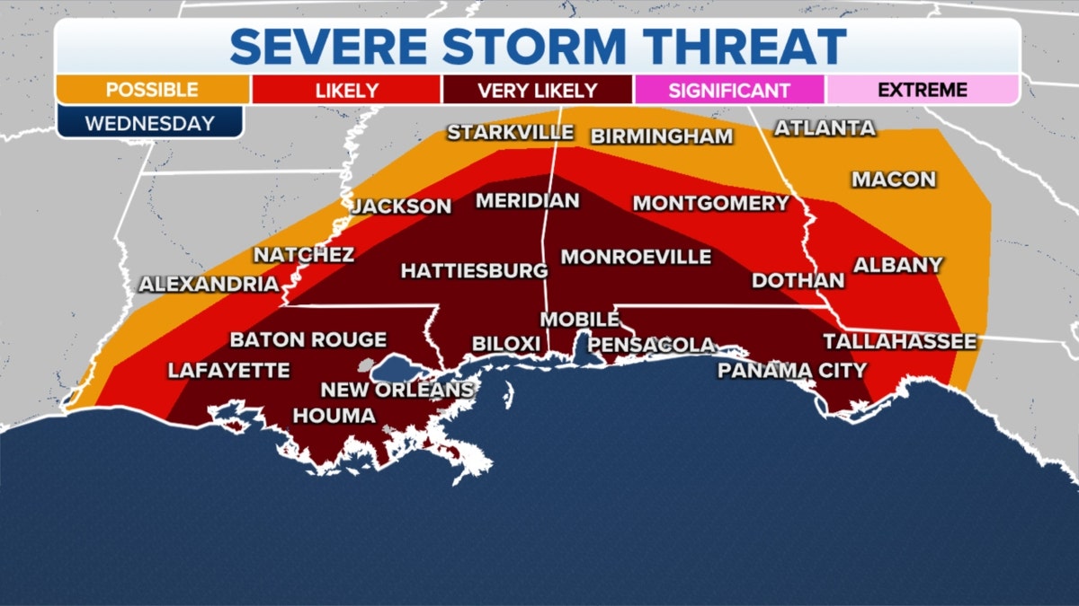 A map of the evere storm threat Wednesday for the Gulf Coast