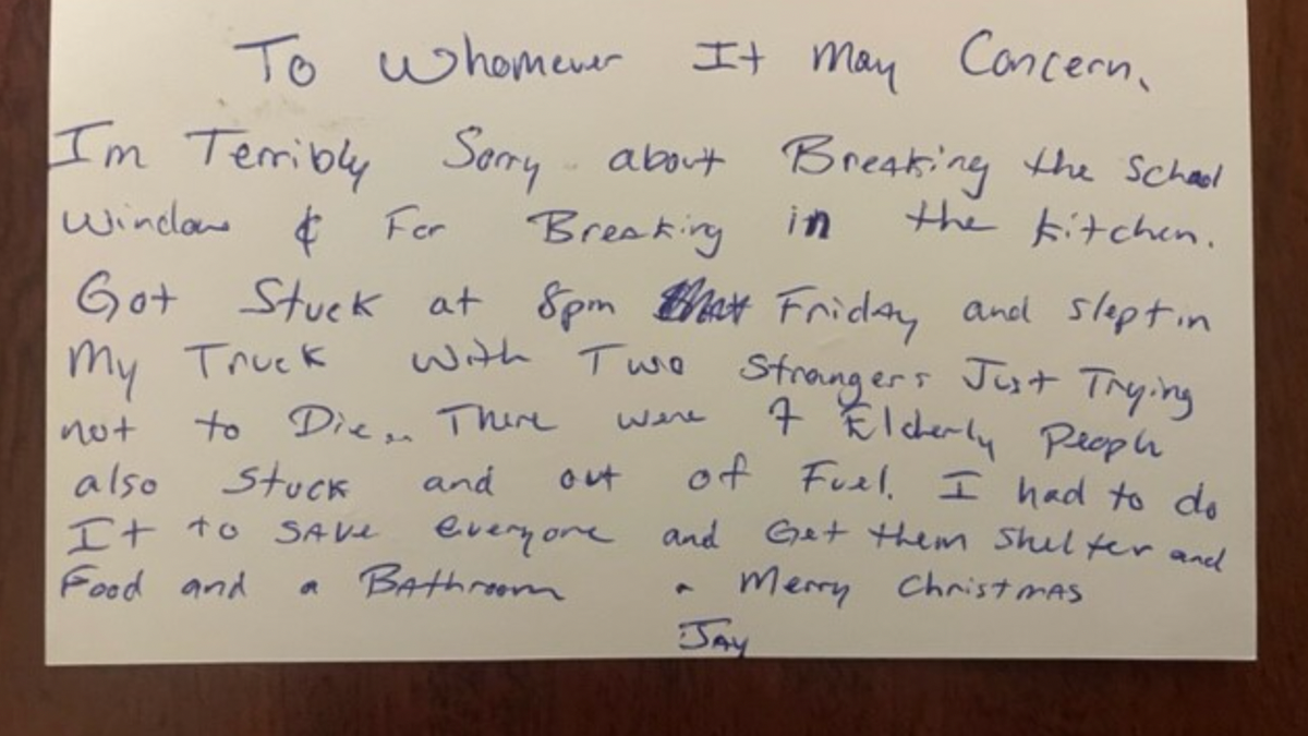 Withey left a note explaining why he broke into the school and signed it, "Merry Christmas, Jay."