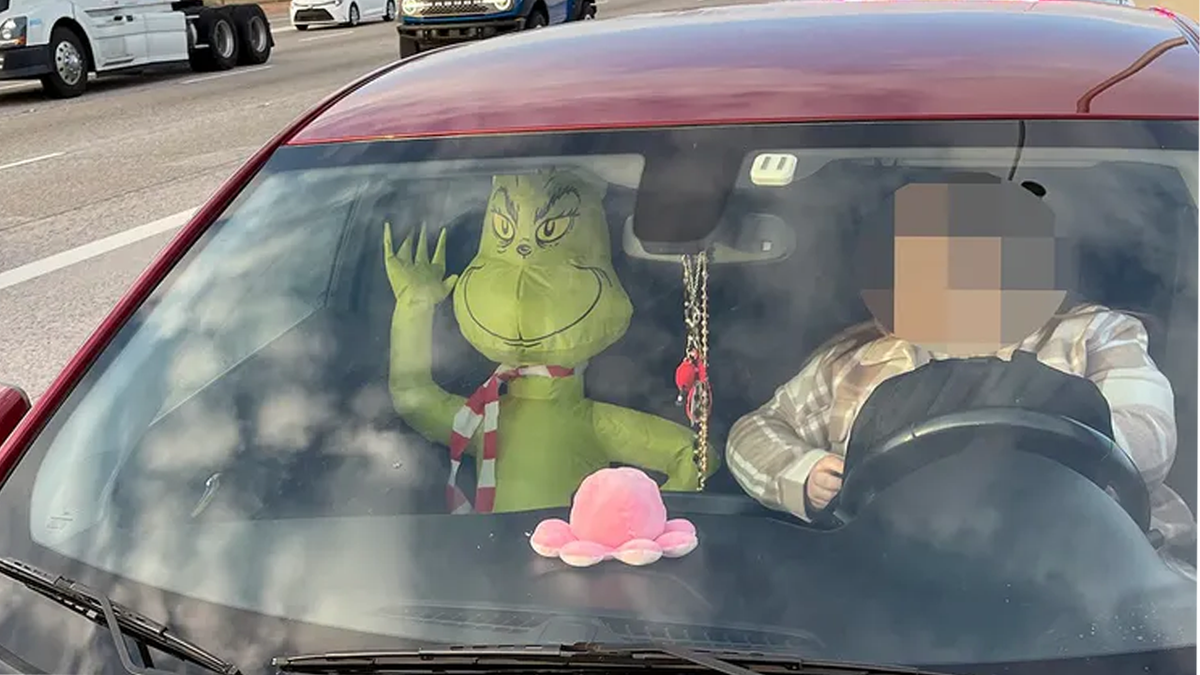 Inflatable Grinch in passenger seat 