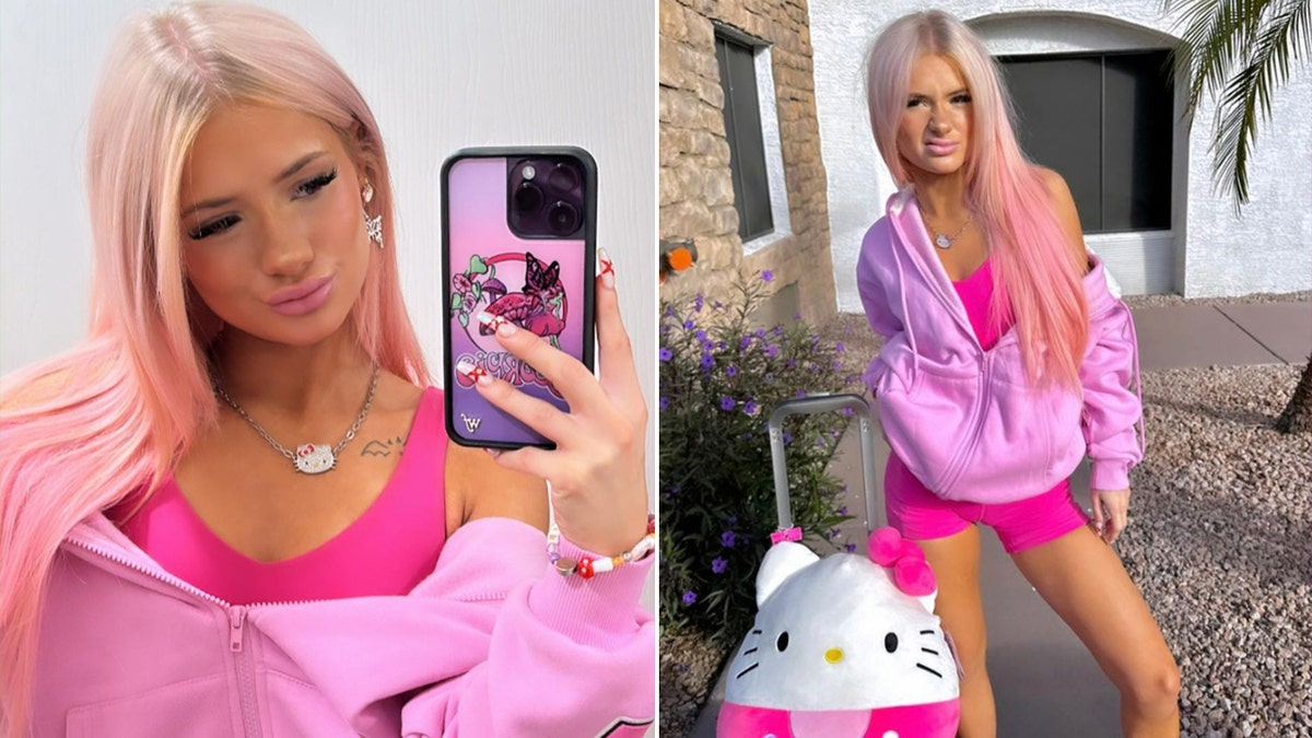 A split photo of Ali in pink clothes