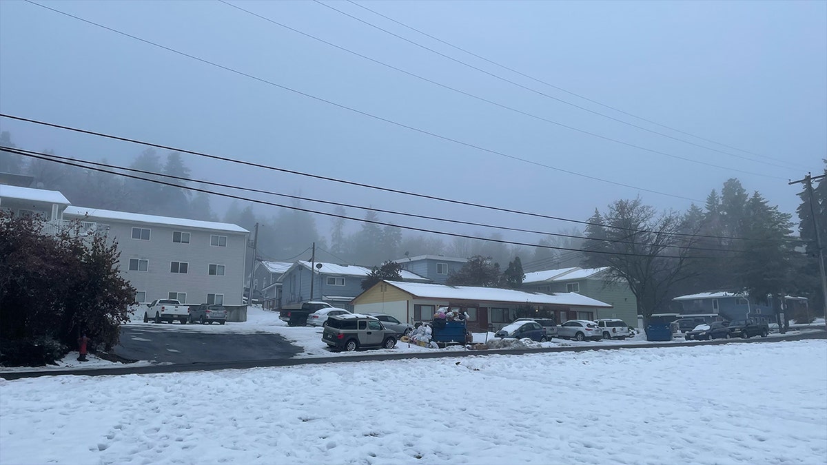 Snowy street, parked cars