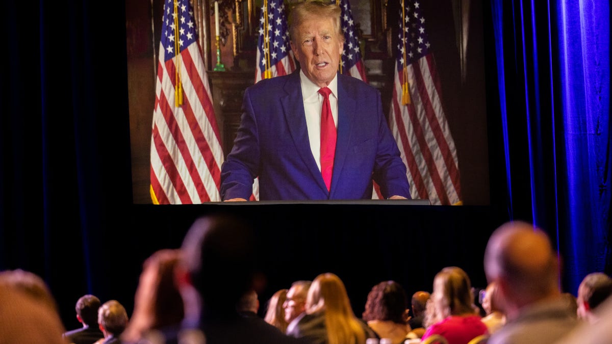 Former President Donald Trump delivers a video address to the Republican Jewish Coalition