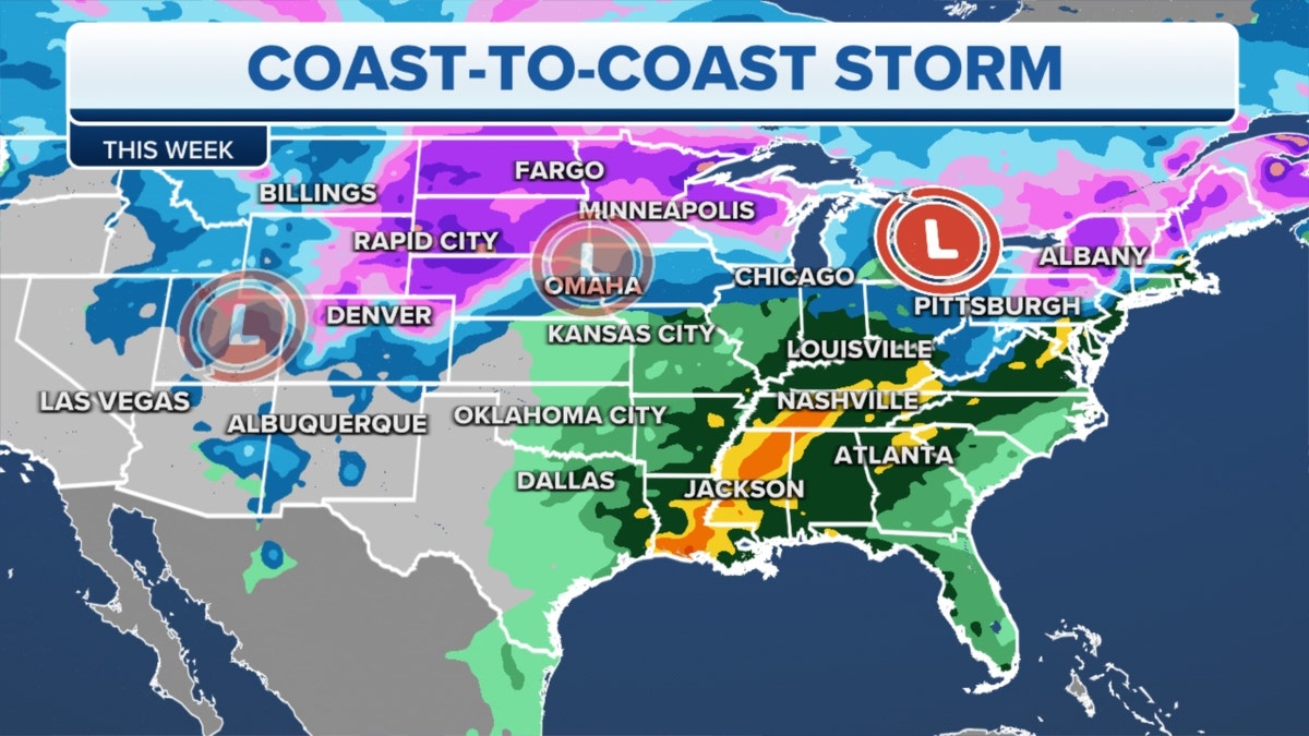 A map of coast-to-coast storms