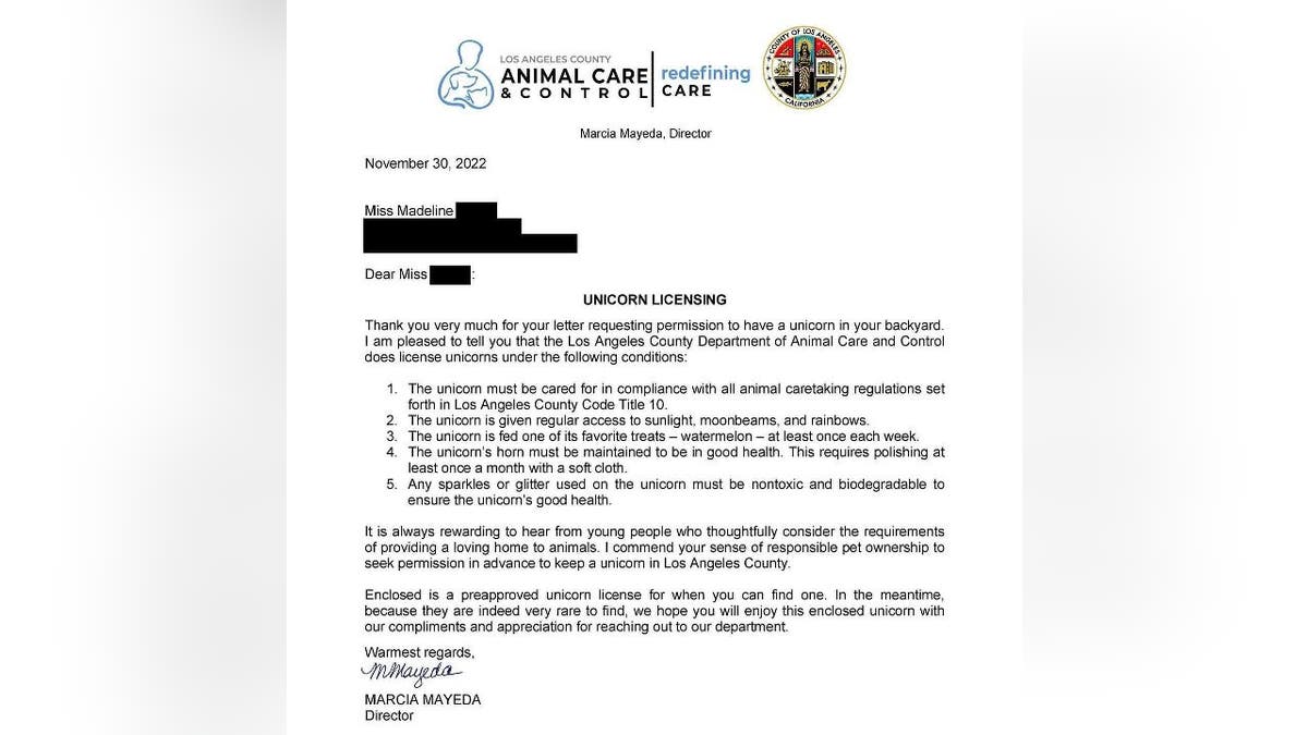 Los Angeles Department of Animal Care and Control Director Marcia Mayeda's unicorn license letter