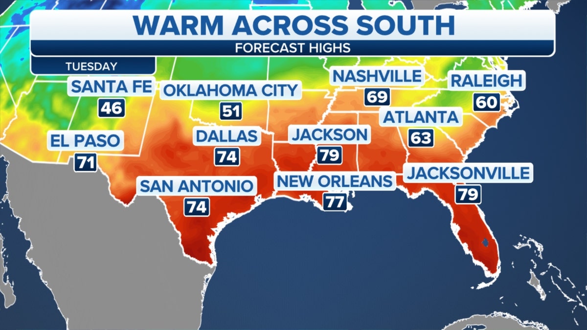Forecast high temperatures across the South