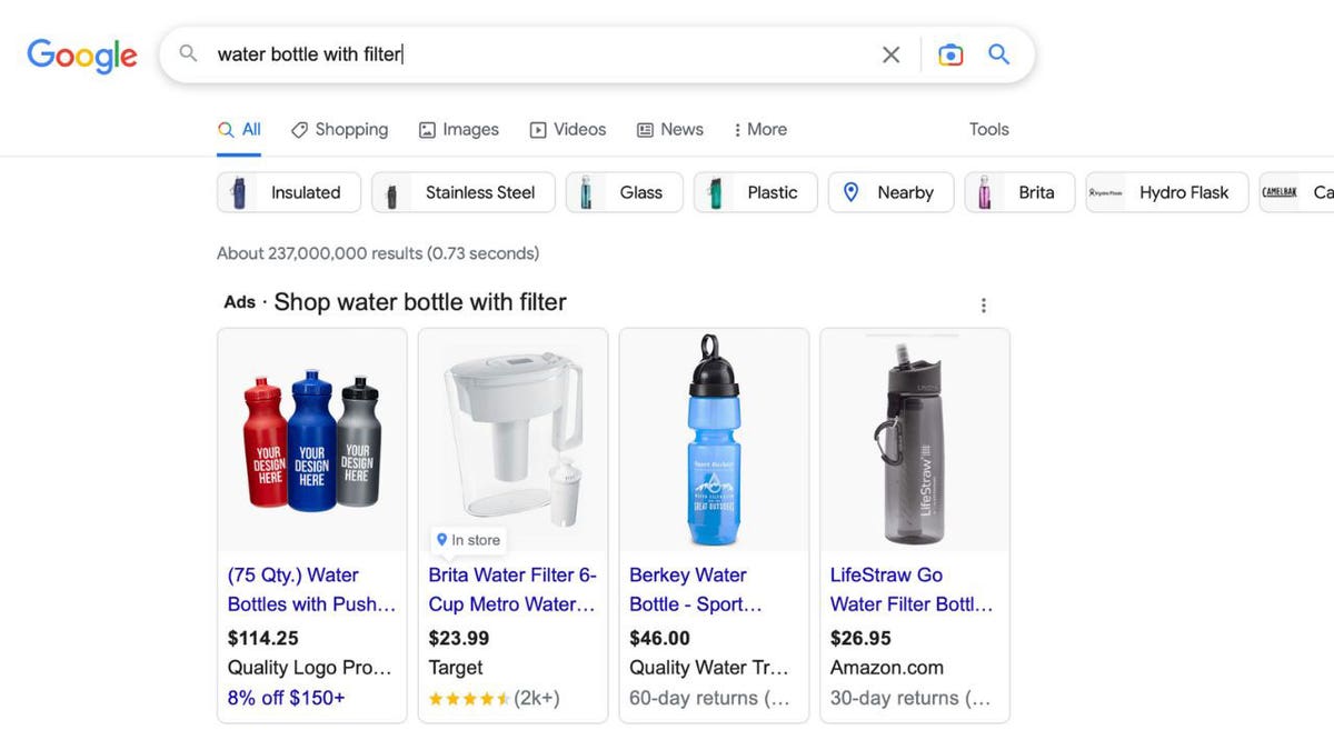 Screenshot of a water bottle search in Google.