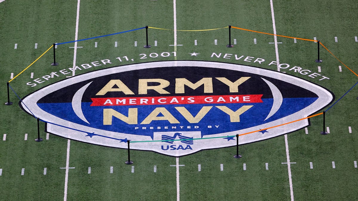 A general view of theArmy/Navy logo at midfield prior to the 122nd Army/Navy college football game between the Army Black Knights and the Navy Midshipmen on December 11, 2021 at MetLife Stadium in East Rutherford, NJ.