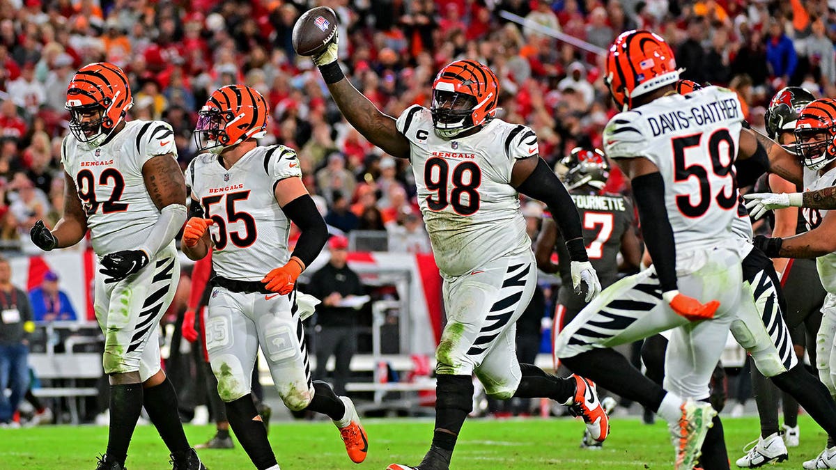 DJ Reader #98 of the Cincinnati Bengals celebrates a fumble recovery during the third quarter in the game against the Tampa Bay Buccaneers at Raymond James Stadium on December 18, 2022 in Tampa, Florida.