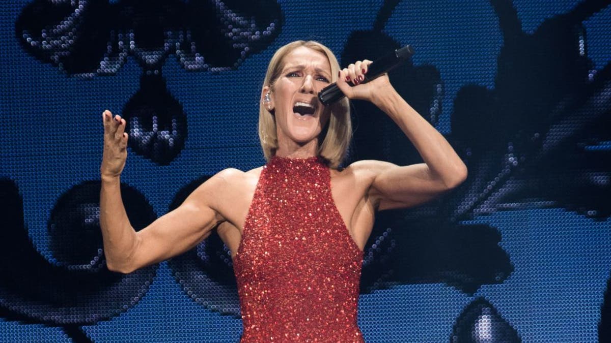 Celine Dion performs in red dress on stage