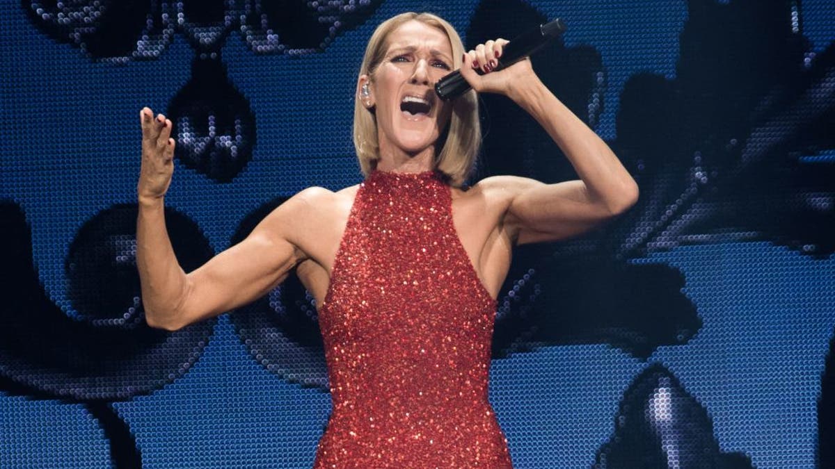 Celine Dion performs in red dress on stage