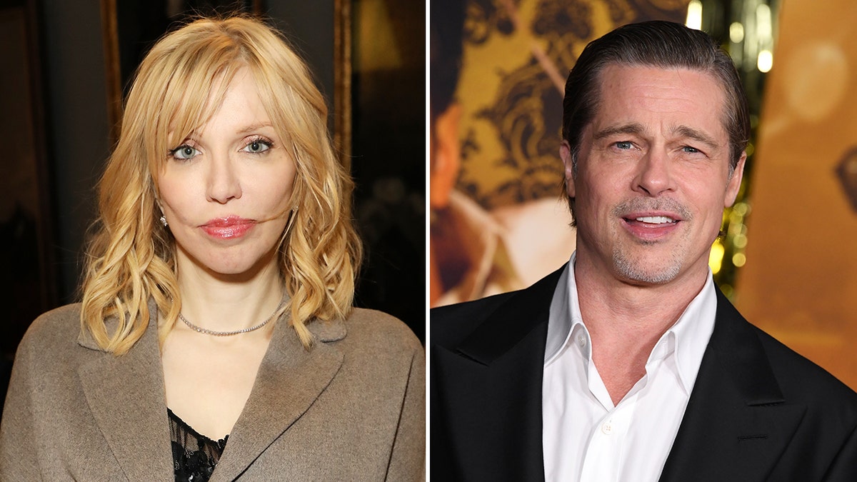 Courtney Love in a black top and brown jacket split Brad Pitt in a white button down and black suit