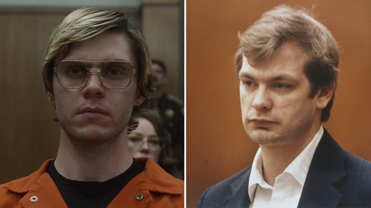 Evan Peters in a black shirt and orange prison jumpsuit as Jeffrey Dahmer split Jeffrey Dahmer in court in a white button down and grey suit