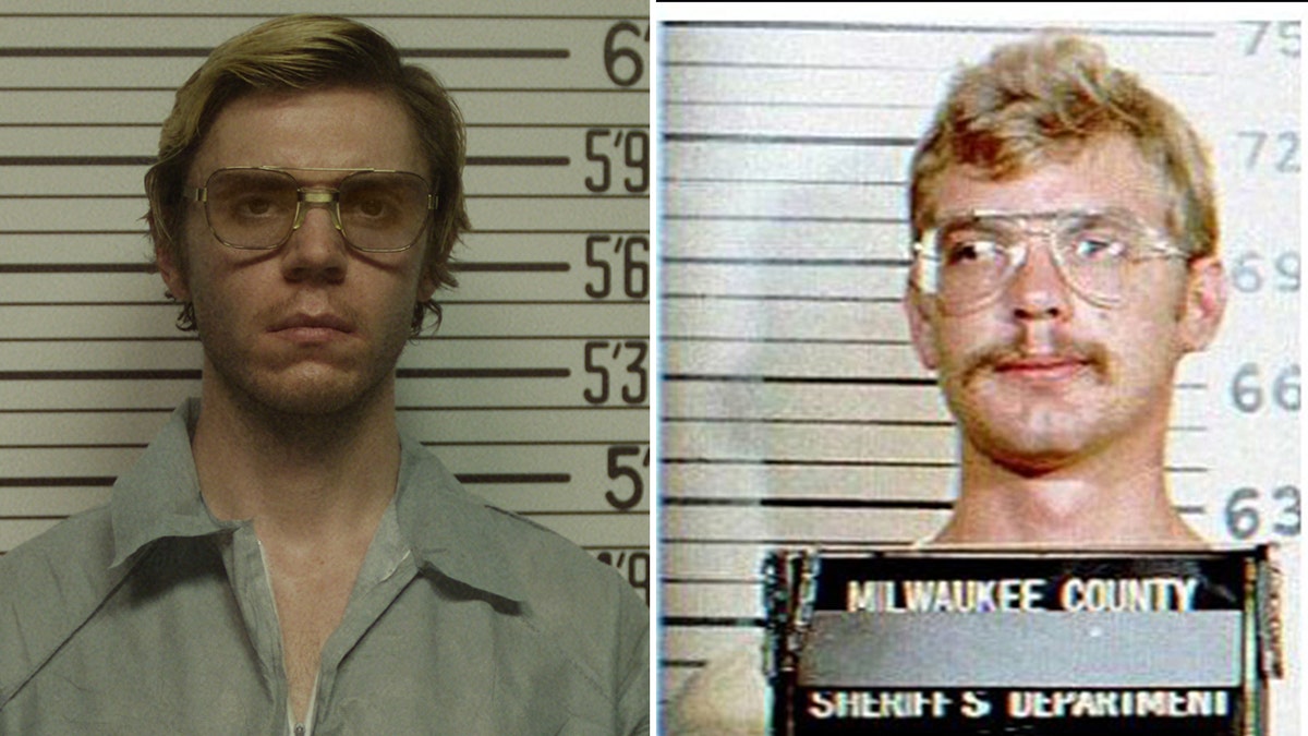 Evan Peters in the Netflix show "Dahmer - Monster: The Jeffrey Dahmer Story" as Jeffrey Dahmer getting his mug shot split the real Jeffrey Dahmer's mug shot