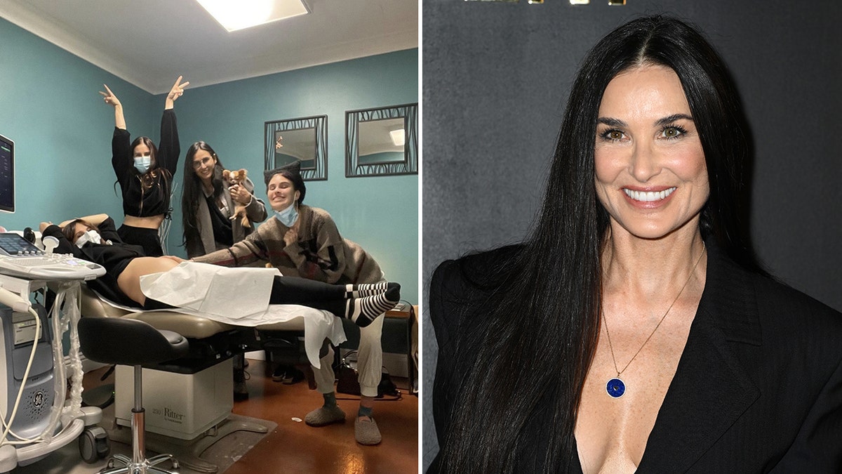 Demi Moore and her daughters in a doctors office for Rumer's newly announced pregnancy split Demi Moore in a low cut black blazer 