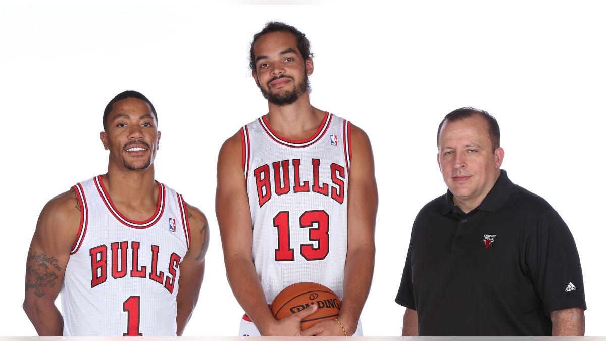 Derrick Rose, Joakim Noah and Tom Thibodeau