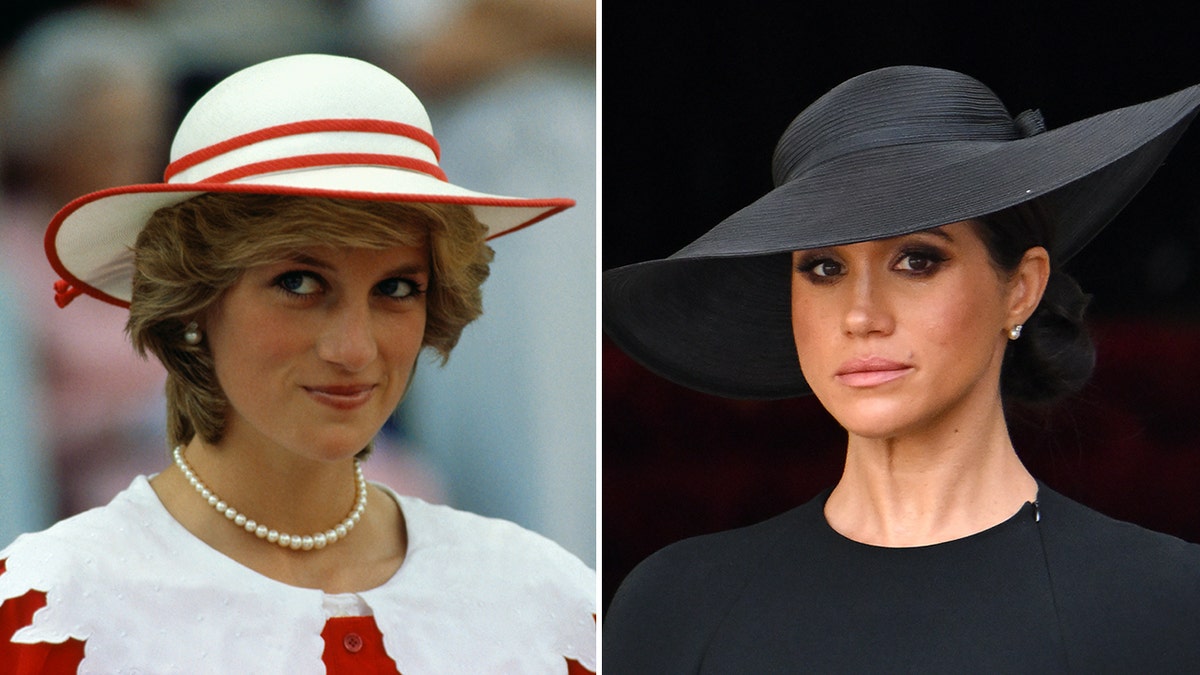 Lady Diana in a red and white hat, a pearl necklace, and a white cardigan over a red top split Meghan Markle in a black hat and matching black outfit