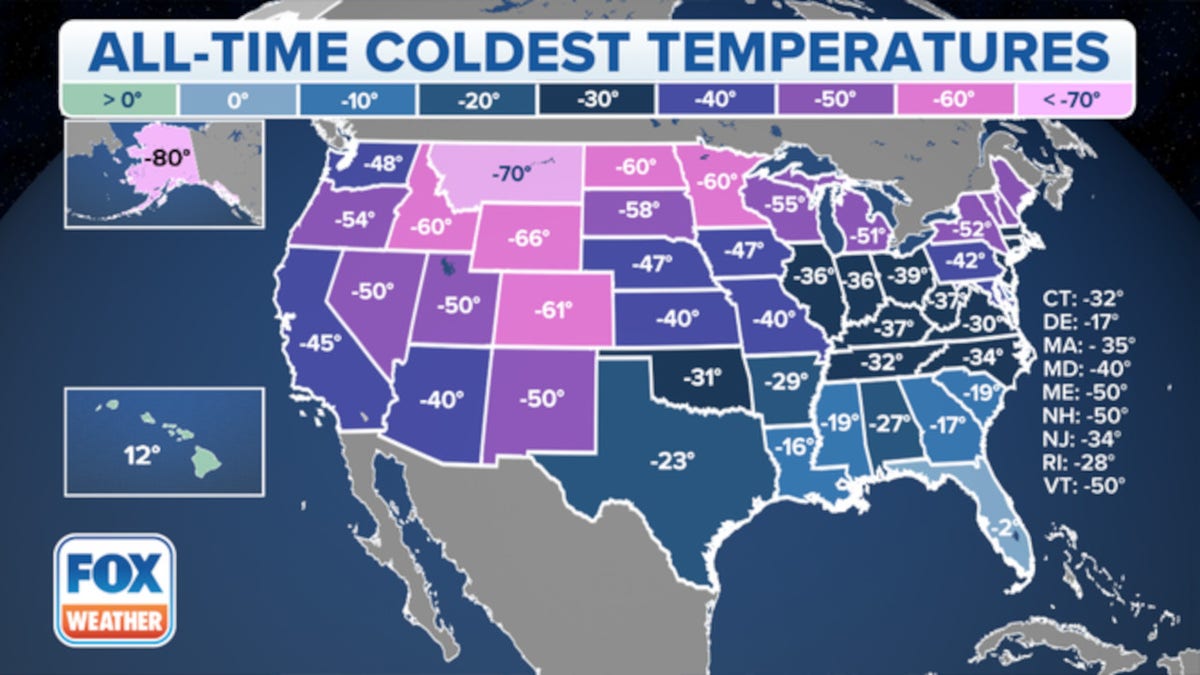 The all-time record low in each state is denoted on the map. (Data: NOAA/NCEI)