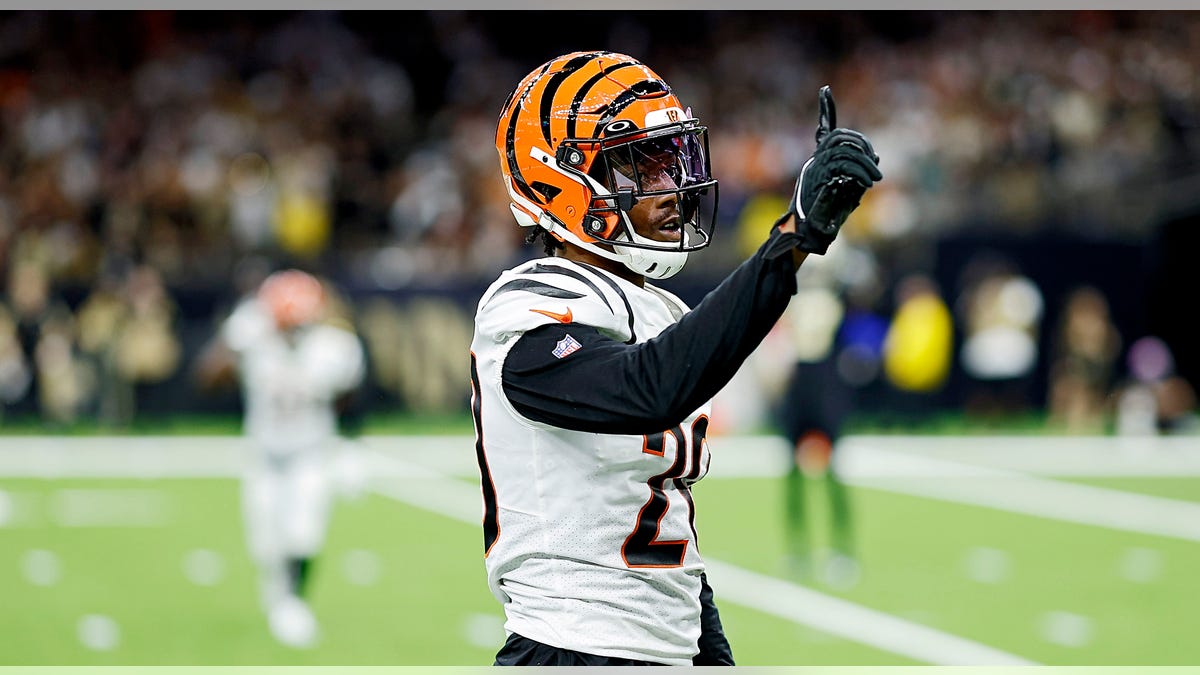 Eli Apple, #20 of the Cincinnati Bengals, reacts after breaking up a pass during the fourth quarter against the New Orleans Saints at Caesars Superdome on October 16, 2022, in New Orleans, Louisiana.