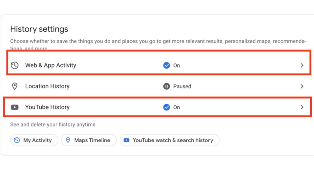 Screenshot of the history settings page on Google.