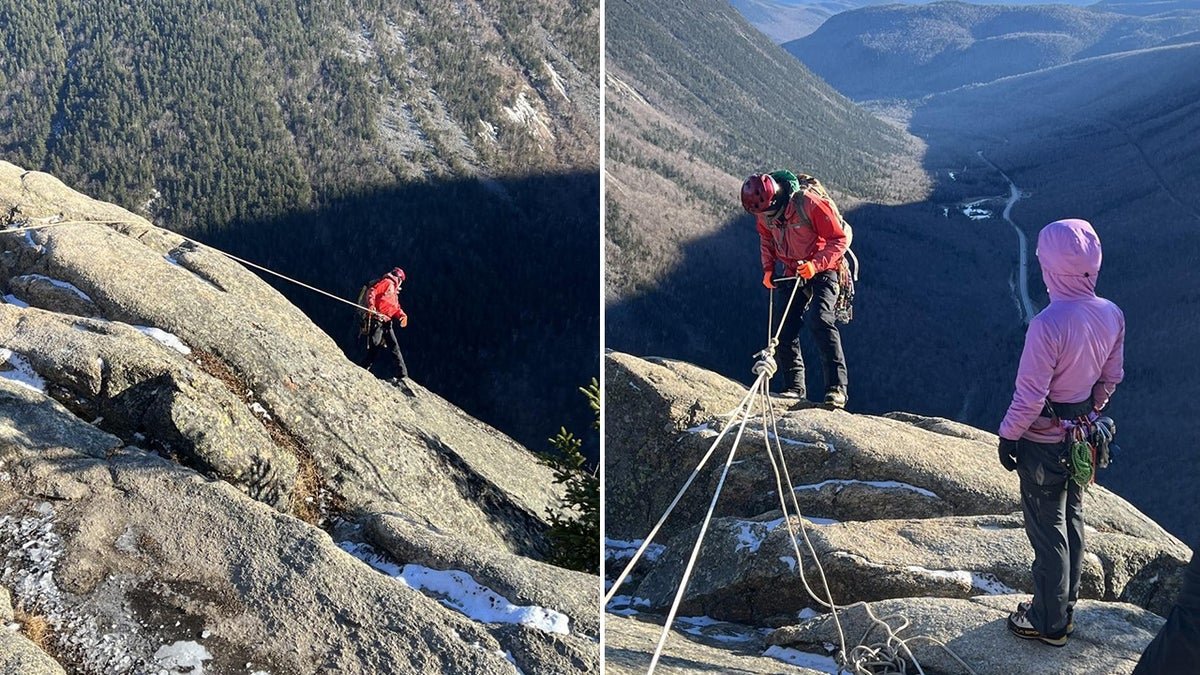 rescuer rappelling down cliff