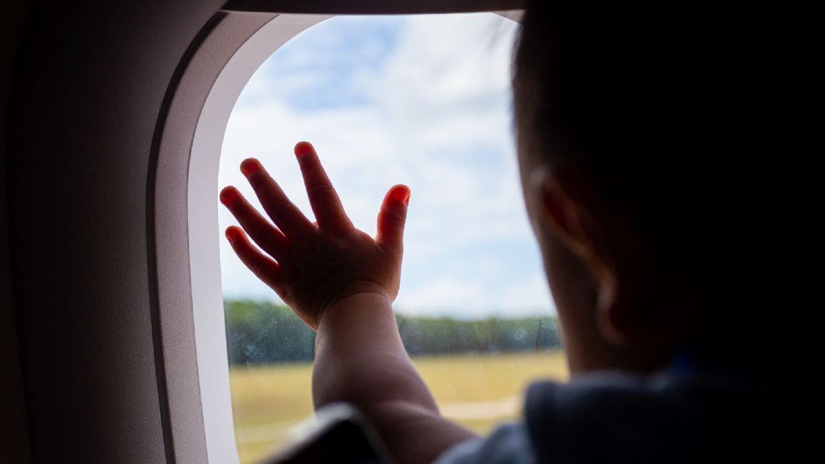 Baby's hand on plane window