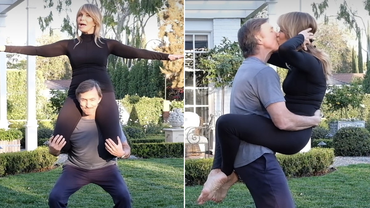 Jaclyn Smith sits on her husbands shoulders while he does a squat split Jaclyn has her legs wrapped around her husband waist as she completes a sit-up and is met with a kiss