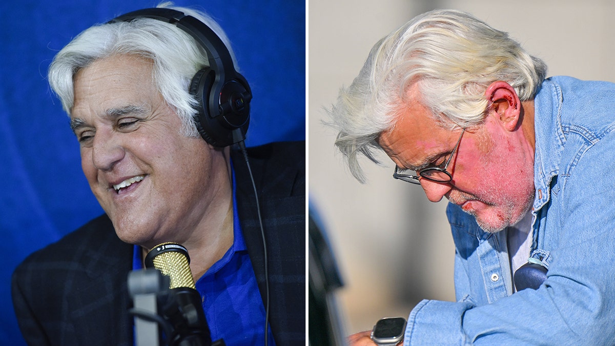 Jay Leno before his accident in a black suit and royal blue shirt with headphones split Jay Leno with his glasses on, a denim shirt and a raw face