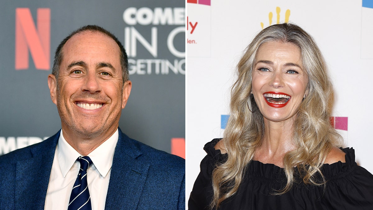 Jerry Seinfeld in a navy blue suit on the red carpet split Paulina Porizkova smiles with a red lip and black outfit