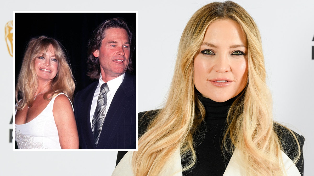 Kate Hudson in a black turtle neck and white cream vest inset her parents Goldie Hawn and Kurt Russell