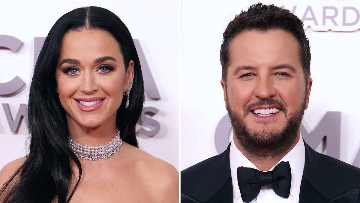 Katy Perry in a sparkly choker necklace and dangle earrings split Luke Bryan with a beard and black traditional tuxedo